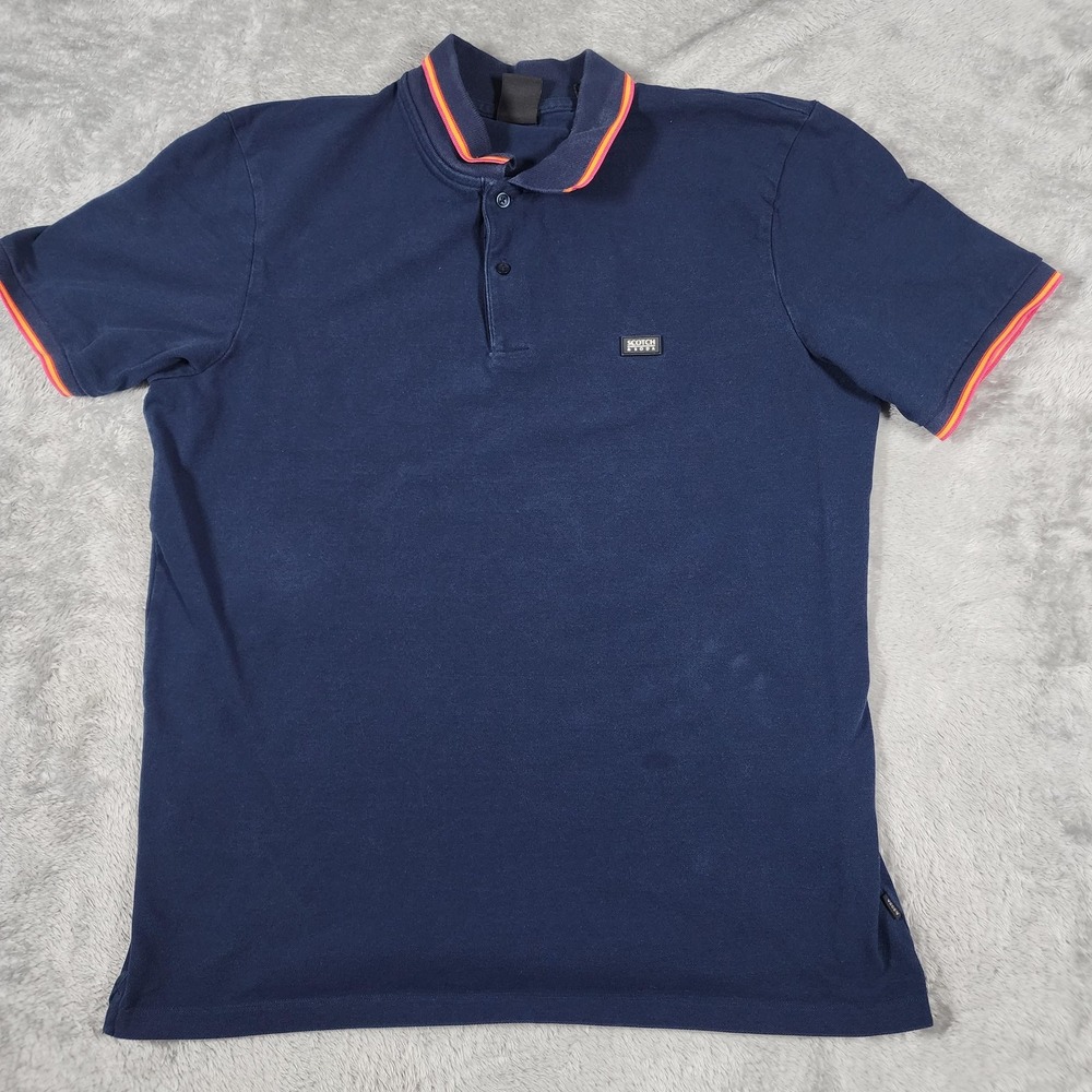 Scotch & Soda‎ Polo Shirt Mens Large Navy Tipped Collar Cuffs Stretch Logo Patch